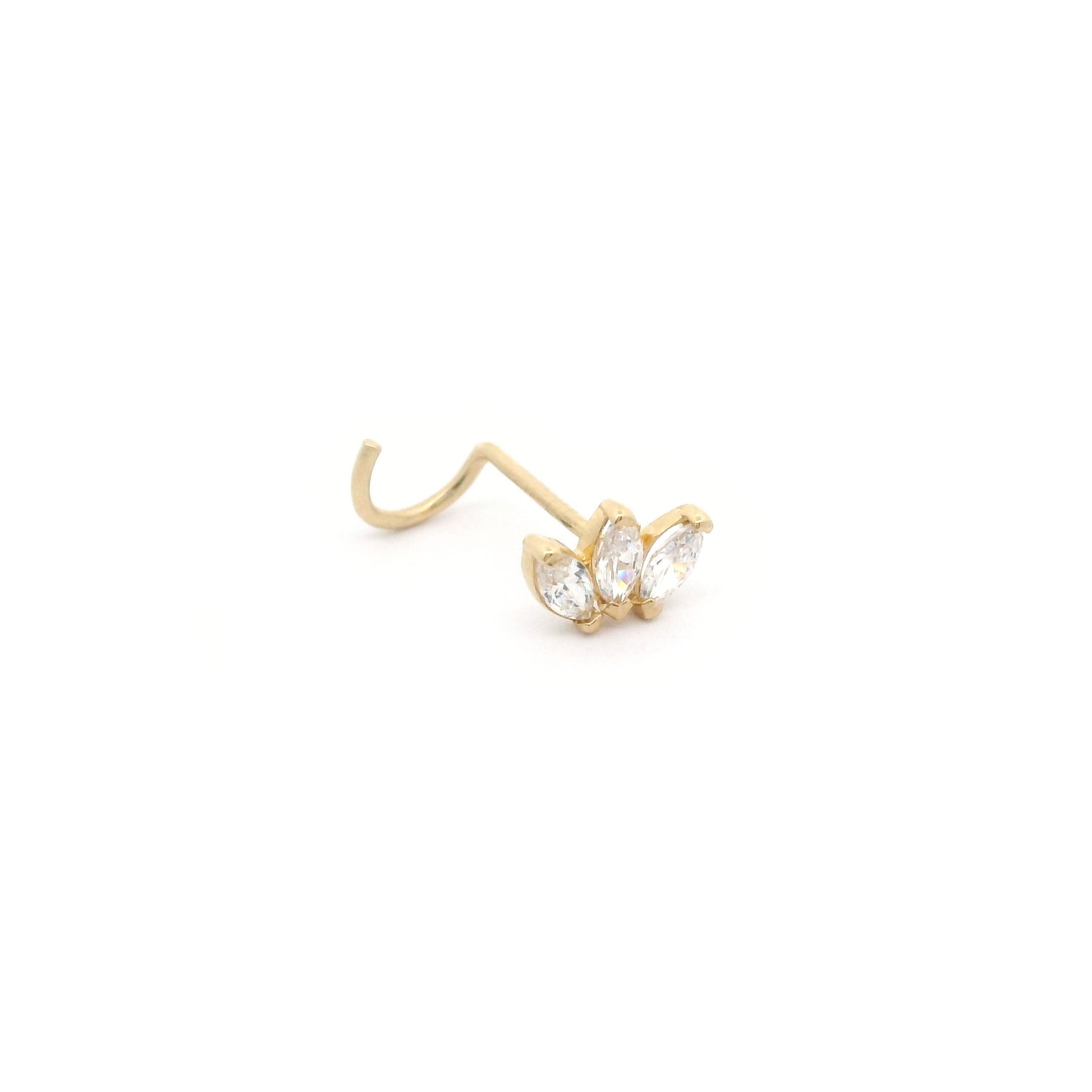 14k CZ Lotus Flower Triple Marquise Nose Screw Stud side